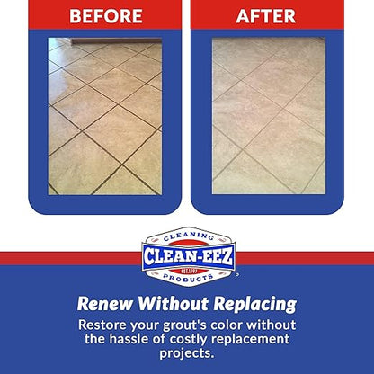 Clean-eez Grout-eez Tile Cleaner with Handheld Brush – 32 oz Heavy-Duty Stain Remover for Ceramic and Porcelain Surfaces – Safe for Colored Grout – Not for Natural Stone – Bathroom & Kitchen Use