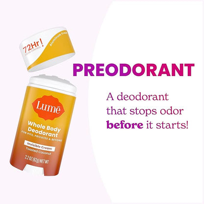 Lume Whole Body Deodorant - Invisible Cream Stick - 72 Hour Odor Control - Aluminum Free, Baking Soda Free, Skin Safe - 2.2 Ounce (Pack of 2) (Toasted Coconut)