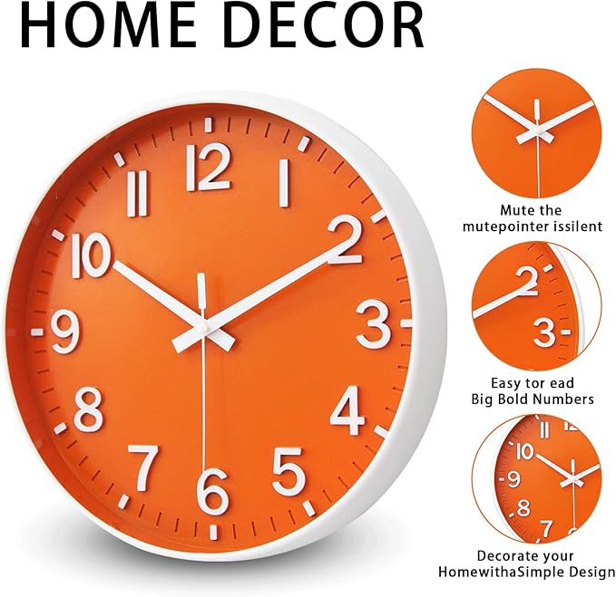 HZDHCLH Wall Clocks Battery Operated,Wall Clock Orange,12 inch Wall Clock Silent Non Ticking Modern 3D Numbers for Kitchen Bedroom Living Room Office Classroom Decor