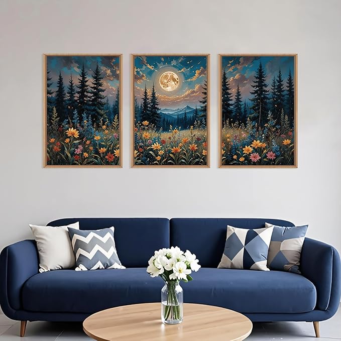 Large Nature Moon Wildflowers Framed Canvas Wall Art,Vintage Forest Flowers Wall Decor,Dark Mountain Night Wall Painting,Wilderness Artwork for Living Room,Bedroom,Dining Room,Office -16"x24"x3