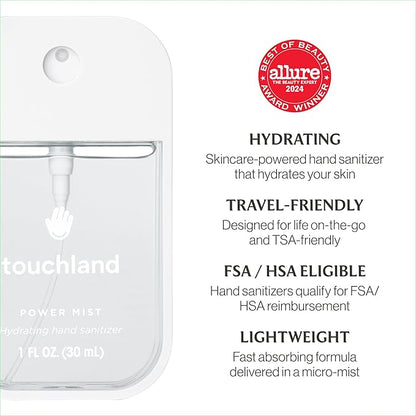 Touchland Power Mist Hydrating Hand Sanitizer Spray, DYE FREE Trio Set (Rainwater, Unscented, Beach Coco), 1 FL. OZ. Travel Size (Set of 3)