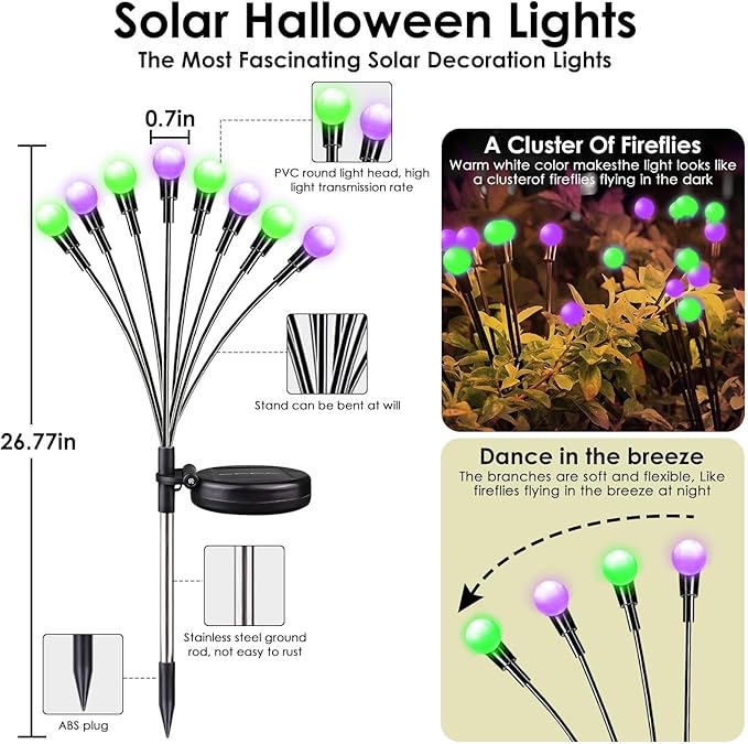 6Pack Total 48LED Purple Orange and Green Spider Solar Halloween Lights Outdoor - Solar Firefly Lights Outdoor, Sway by Wind, Waterproof for Garden Patio Pathway Halloween Decorations
