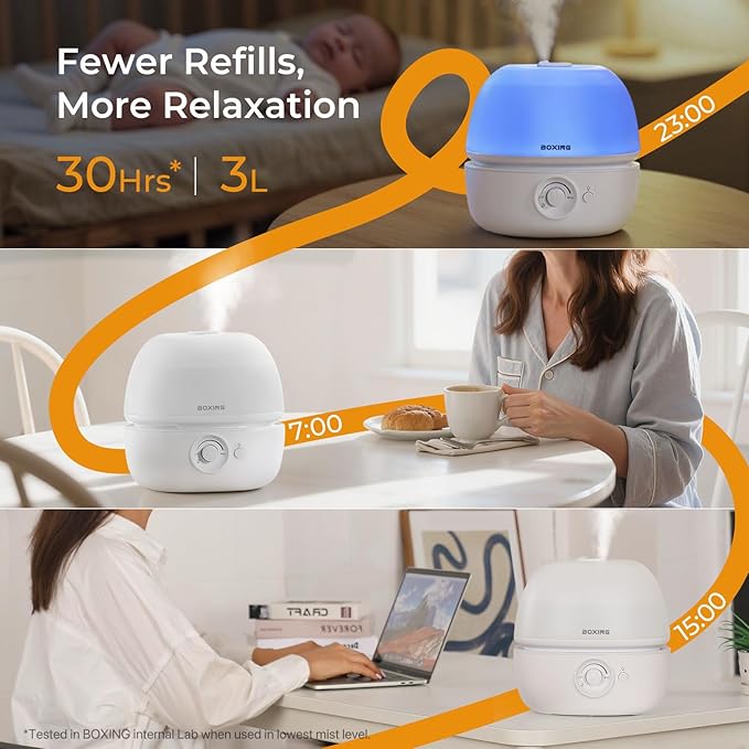 BOXING 3L Top Fill Humidifiers for Bedroom Baby, 20dB Quiet Air Humidifier for Large Room & Indoor Plants with Optional Night Light, Cool Mist Diffuser for Home, Essential Oil Tray, BPA-Free,White,30H