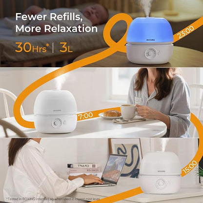 BOXING 3L Top Fill Humidifiers for Bedroom Baby, 20dB Quiet Air Humidifier for Large Room & Indoor Plants with Optional Night Light, Cool Mist Diffuser for Home, Essential Oil Tray, BPA-Free,White,30H