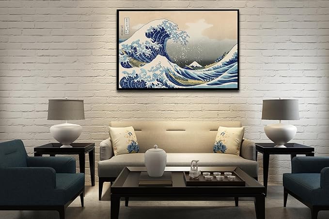 The Great Wave off Kanagawa by Katsushika Hoki Wall Art Decor, Classic Painting Black Framed Seascape Canvas Print Pictures, Modern Japanese Artwork for Bedroom Living Room Decoration - 24"x36"