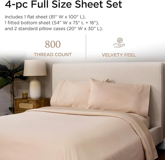 Threadmill Luxury 800 Thread Count Full Size 100% Cotton Sheets - Light Beige Sateen Weave Bed-Sheets, Better Than Egyptian Cotton, 4 Pc Solid Bedding Set, Fits 16" Deep Pocket