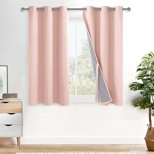 XWZO 100% Blackout Curtains 2 Panels with Tiebacks- Heat and Full Light Blocking Window Treatment with Black Liner for Girl's Room/Nursery, Grommet, Blush Pink, W42 x L45 Inches Long, Set of 2