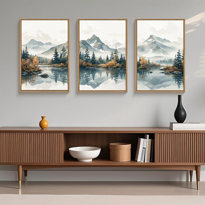 HLNIUC White Foggy Forest Mountain Wall Art Framed,Large Misty Watercolor Pine Tree Wall Decor set of 3 (24"x36"), Nature Lake Landscape Canvas Painting for Living Room, Bedroom, Office