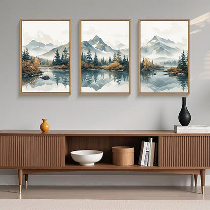 HLNIUC White Foggy Forest Mountain Wall Art Framed,Large Misty Watercolor Pine Tree Wall Decor set of 3 (16"x24"), Nature Lake Landscape Canvas Painting for Living Room, Bedroom, Office