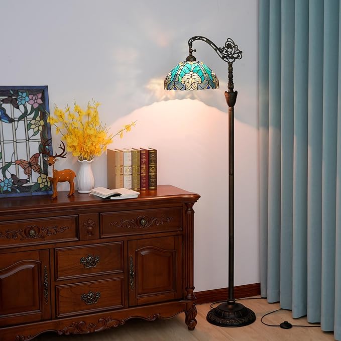 Tiffany Floor Lamp Vintage Standing Lamp Green Stained Glass Floor Light Rustic Corner Gooseneck Floor Lamp with Adjustable Angle for Home Decor Living Room Bedroom 12X12X63 Inches
