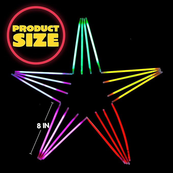 JOYIN 300 Pcs 8" Glow sticks Bulk Party Favors Pack, New Years Eve Neon Glow in the Dark Party Supplies, Light Up Necklaces and Bracelets with Connectors, Christmas, Football, Birthday Decorations
