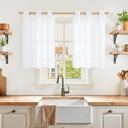 YoungsTex White Linen Curtains 36 Inch Length for Kitchen Cafe Window, Semi Sheer Drapes Light Filtering with Bronze Grommet for Bathroom Bedroom Decorative, 42 X 36 Inch