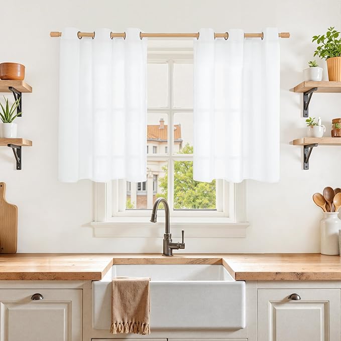 YoungsTex Short White Linen Curtains 30 Inch Length for Kitchen Bronze Grommet Light Filtering Small Drapes Window Decorative for Cafe Loft, 42 X 30 Inch, 2 Panels