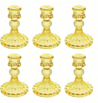 Glass Candlestick Holder,Striped Taper Candle Holders,Set of 6 Candle Stand for Table Centerpieces, Home Decor,Weddings,Festival and Parties (Yellow Dimond)