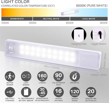 STAR-SPANGLED Under Cabinet Lighting Rechargeable, 8 inch Motion Sensor Lights Indoor Battery Operated, USB Stick on LED Magnetic Closet Light for Counter, Stairs, Kitchen, Cool White, 2 Pack