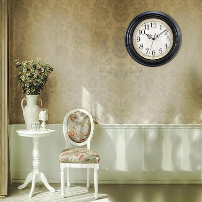 Plumeet Small Retro Wall Clock, 10'' Non Ticking Classic Silent Vintage Wall Clocks Decorative Kitchen Living Room Bedroom - Battery Operated, Black