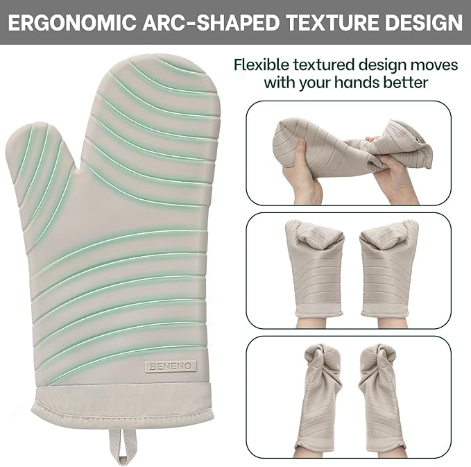 Beneno Premium Silicone Oven Mitts 2-Pack Heat Resistant 500°F, Soft Flexible Non-Slip Grips, BPA-Free & Waterproof Oven Mitts with Comfort Cotton Lining for Baking, Grilling, Cooking, 7"x13", Beige