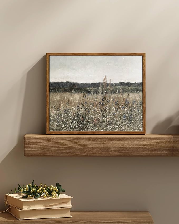 InSimSea Framed Canvas Wall Art Vintage Decor, Wildflower Field Canvas Wall Art Paintings Prints, Rustic Landscape Wall Decor for Bathroom Office Dining Room, 9"x11"