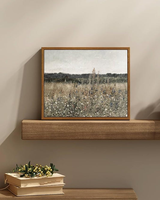 InSimSea Framed Canvas Wall Art Vintage Decor, Wildflower Field Canvas Wall Art Paintings Prints, Rustic Landscape Wall Decor for Bathroom Office Dining Room, 9"x11"
