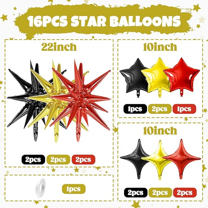 Black Gold Red Star Balloon,16Pcs Star Foil Balloons Set with 22Inch Explosion Spike Cone Balloons and 10Inch Quadrangle Helium Balloon for Birthday Wedding Baby Shower Party Decorations