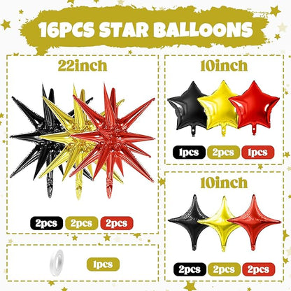 Black Gold Red Star Balloon,16Pcs Star Foil Balloons Set with 22Inch Explosion Spike Cone Balloons and 10Inch Quadrangle Helium Balloon for Birthday Wedding Baby Shower Party Decorations