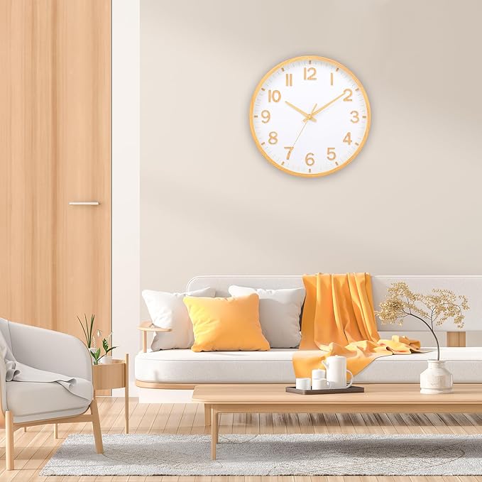 Wall Clocks Battery Operated 12 inch Modern Wall Clock,Silent Non Ticking Wall Clock for Living Room Bedroom Kitchen Office Classroom Decor (Wood Grain Yellow White)