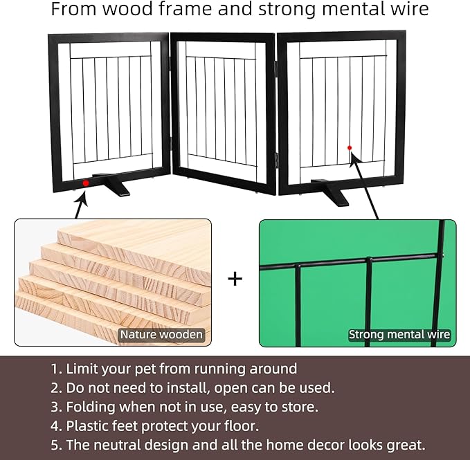 ZJSF Freestanding Dog Gate Indoor, Foldable Dog Fence for Doorways,Hallways or Stairs, Sturdy Wood Extra Wide Pet Gate with Support Feet,Black,24 "Height-3 Panels