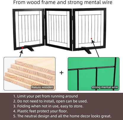 ZJSF Freestanding Dog Gate Indoor, Foldable Dog Fence for Doorways,Hallways or Stairs, Sturdy Wood Extra Wide Pet Gate with Support Feet,Black,32 "Height-3 Panels
