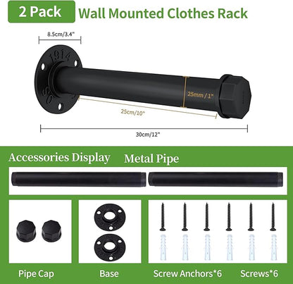 Heavy Duty Metal Clothing Hanging Rack 10 Inches Industrial Pipe Clothes Hanger Rack Wall Mounted Clothes Hanger Bar Small Closet Clothes Rods (2 Pack)