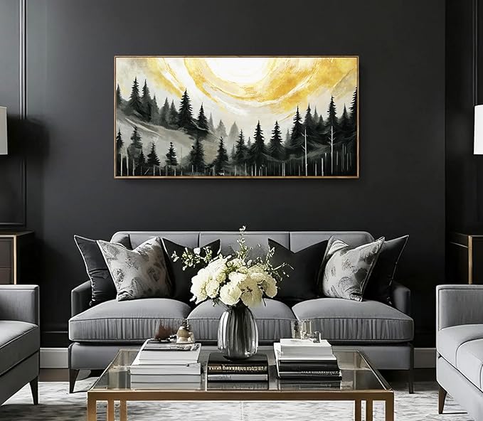 ARTZON Large Framed Canvas Art Wall Decor for Living Room Modern Black Yellow Gray Tree Picture Nature Lanscape Sunset Scenery Pin Forest Horizontal Artwork for Walls Home Living Room Bedroom 48"x24"