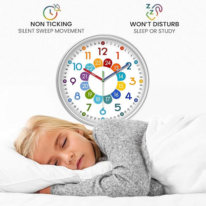 XFM Silent Kids Wall Clock Battery Operated 12 Inch Non Ticking Kids Teaching Clock Colorful Analog Learning Clock Decorative for Kids Room Classroom School