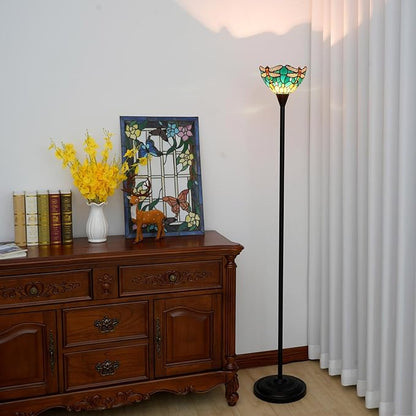 Tiffany Floor Lamp Tochiere Standing Green Dragonfly Style Stained Glass Floor Light Vintage Tall Pole Uplight Lamp Rustic Corner Lamp with Foot Switch for Home Decor Living Room Bedroom