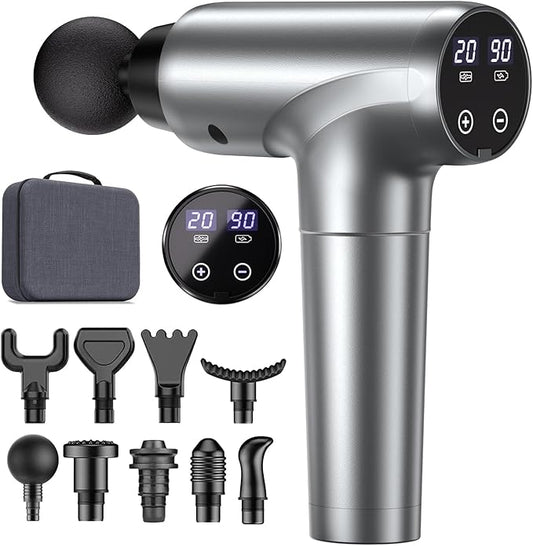 Massage Gun, Muscle Massage Gun Deep Tissue Back Massager for Pain Relief, 20 Speeds Handheld Electric Massager Tool with Silent Brushless Motor, Suitable for Gym Office Home Travel (Silver Grey)