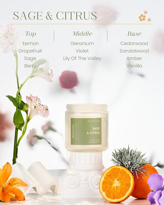 M&SENSE Sage Citrus Scented Candle - 11.6oz Natural Soy Non Toxic 70 Hour Burn Time 2 Wick Aromatherapy Candle for Home Decor, Summer Fragrance for Stress Relief & Relaxation