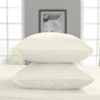 Threadmill California-King Sheets - 800 Thread Count Jacquard Celine Ivory, 100% Pure Cotton 4 Piece Striped Bed Set, Extra Long Staple Cotton, Luxury Damask Sheets with Elasticized Deep Pocket