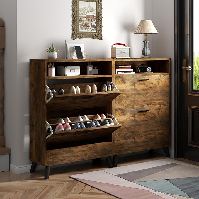 Shoe Storage Cabinets, 16 Pairs Free Standing Shoe Organizer with 2 Flip Drawers for Entryway, Narrow 3 Tier Entryway Hidden Shoe Rack with Doors (Rustic)