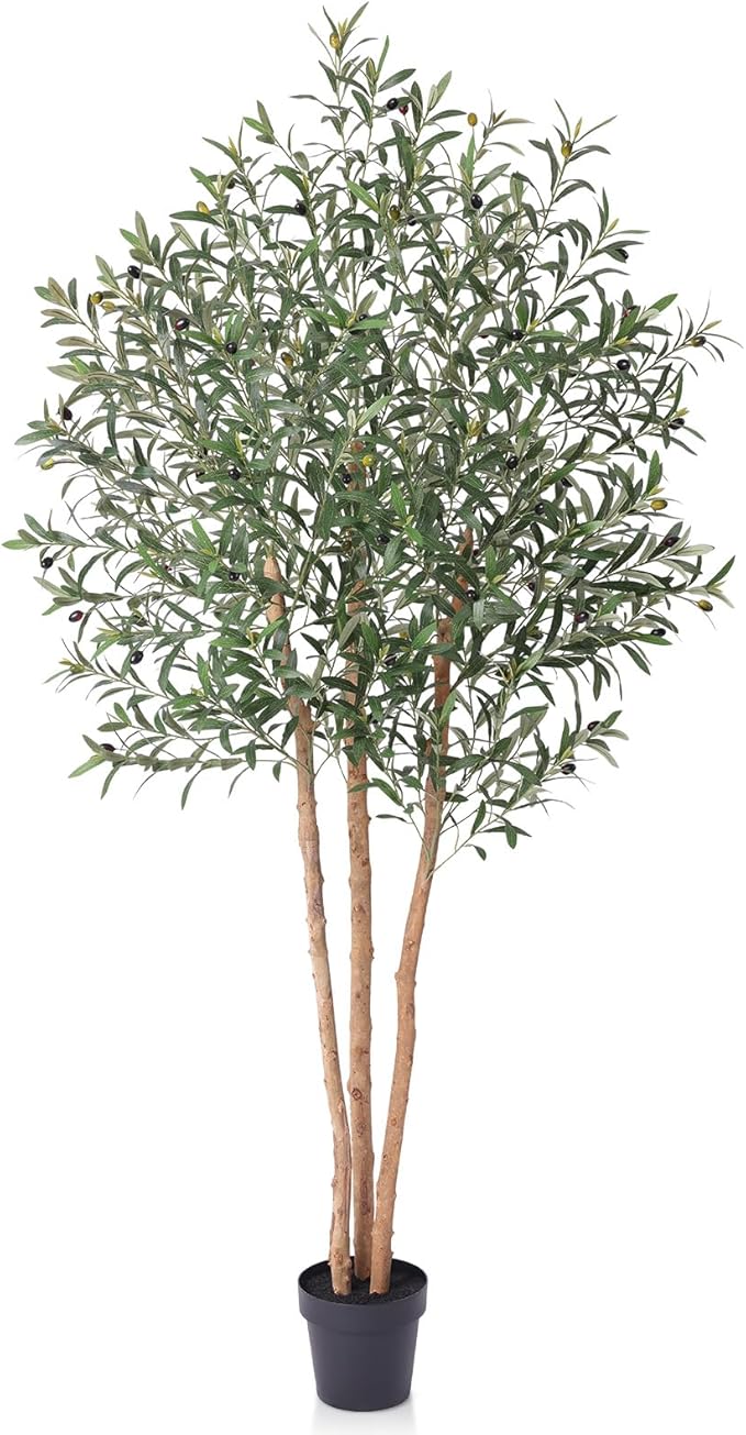 7FT Olive Tree Artificial Indoor Faux Plant - Tall Fake Silk Tree, Natural Trunk, Easy Maintenance Fake Tree Home Decor - Large Indoor Plant for Living Room, Office, Modern Home,VN356