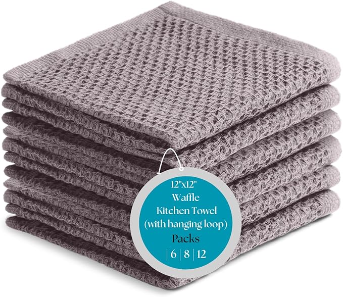 Cotton Waffle Weave Wash Cloths - Pack of 6 (12x12 Inches) | Ultra Soft, Absorbent Dish Cloths | Quick Dry, Dish Cloths & Dish Rags - Taupe/Grey (Kitchen Essentials)
