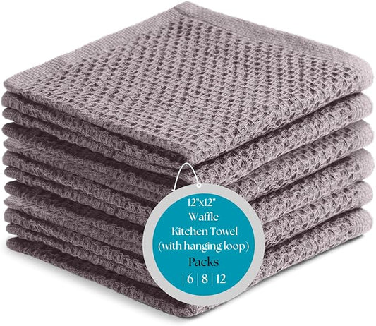 Cotton Waffle Weave Wash Cloths - Pack of 6 (12x12 Inches) | Ultra Soft, Absorbent Dish Cloths | Quick Dry, Dish Cloths & Dish Rags - Taupe/Grey (Kitchen Essentials)