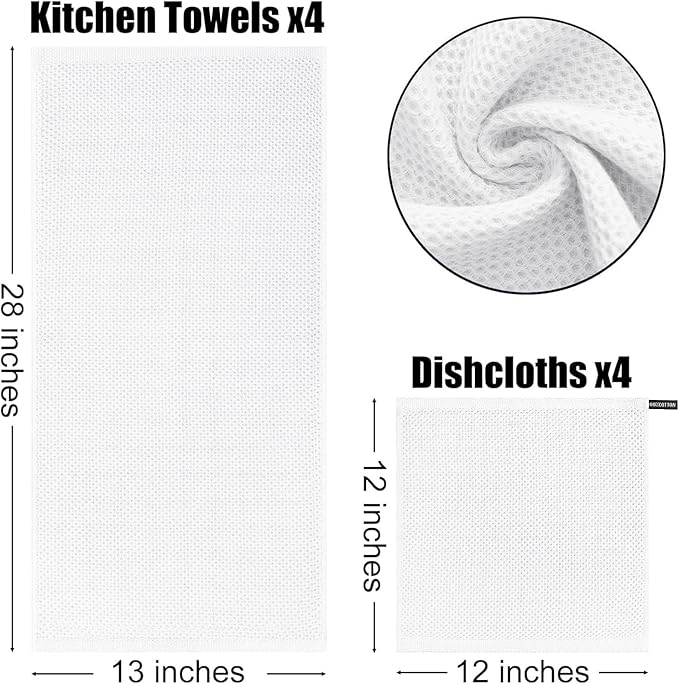 Kitinjoy 100% Cotton Kitchen Towels and Dishcloths Set, 12 Pack Waffle Weave Dish Towels Ultra Soft Absorbent Quick Drying Dish Rags, 13 x 28 Inch and 12 X 12 Inch, White