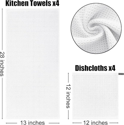 Kitinjoy 100% Cotton Kitchen Towels and Dishcloths Set, 12 Pack Waffle Weave Dish Towels Ultra Soft Absorbent Quick Drying Dish Rags, 13 x 28 Inch and 12 X 12 Inch, White