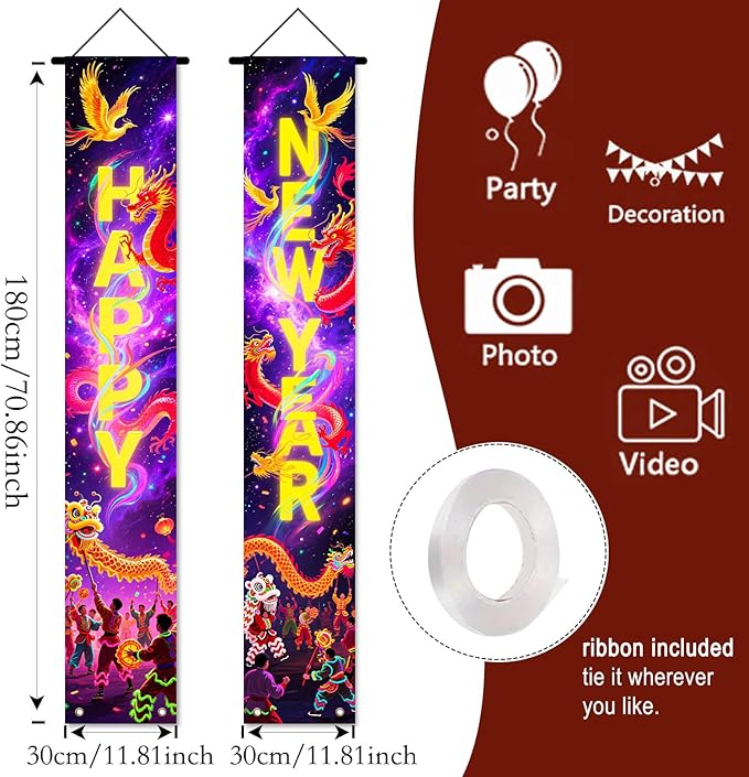 Nuxovilar Happy New Year Banner, 70.86" x 11.81" Purple Gold Fireworks Hanging Decorations for Outdoor Indoor Home Wall
