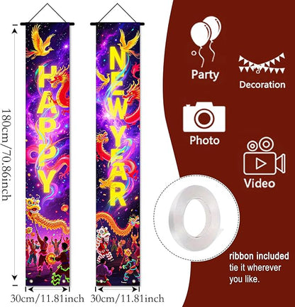 Nuxovilar Happy New Year Banner, 70.86" x 11.81" Purple Gold Fireworks Hanging Decorations for Outdoor Indoor Home Wall