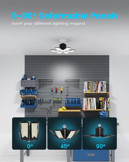 Garage Lights with Motion Sensor, 20000LM Motion Sensor Light Bulb Indoor with 6 Deformable and Auto-Off, E26 Screw-in 6500K Motion Activated Shop Light for Ceiling/Basement 4-Pack