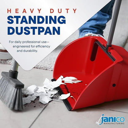 Janico Tall Commercial Dust Pan with Handle – 2 Pack – Indoor/Outdoor Heavy Duty Large Upright Standing Dust Pans with Long Handle – 12-Inch Wide Plastic Stand Up Lobby Dustpan Only with Broom Clip