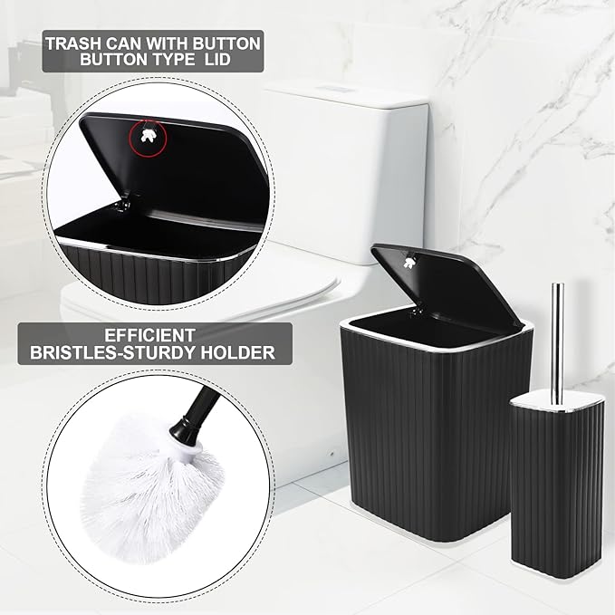 Bathroom Accessories Set - Gorgeous Bathroom Set, 10PC Black Bathroom Accessory Set, Toilet Brush, Trash Can, Qtip Holder Dispenser & Soap Dispenser