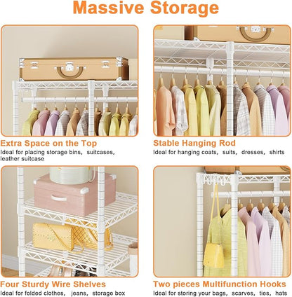 Ulif F4 Heavy Duty Clothes Rack (With Hanger Rod) Freestanding Clothing Racks for Hanging Clothes，Adjustable Closet Organizer System, Portable Garment Rack 45"W x 15.8"D x 71.3"H,Max Load 600LBS,White