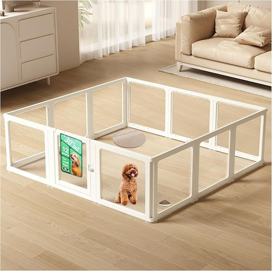 Transparent 12-Panel Dog Playpen, Acrylic Indoor/Outdoor Puppy Pen for Small & Medium Dogs, 30 Inch with Door, White(Fully Transparent 74 * 74 Single Room,30 inch)