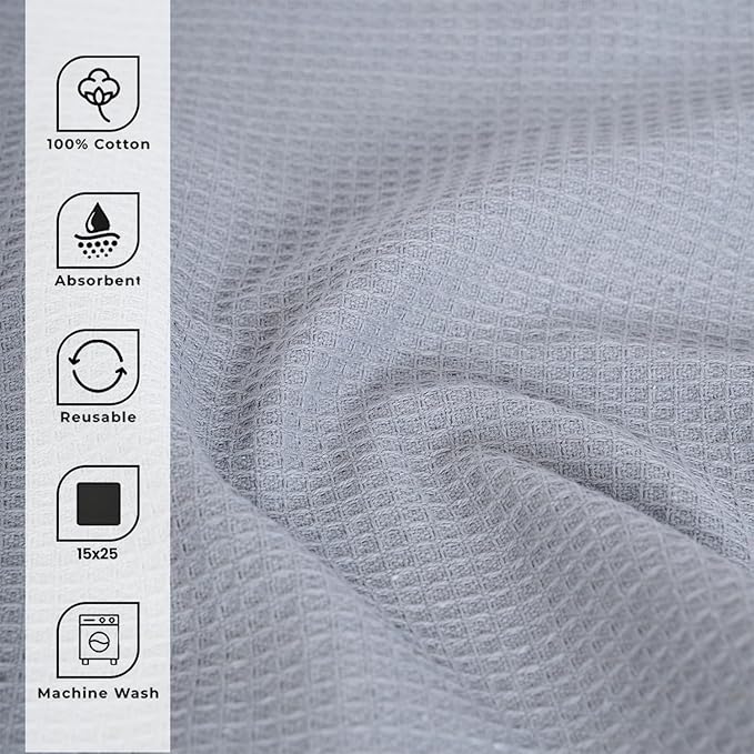 Blue Needles Waffle Weave Kitchen Towels, 15x25 Inches 100% Cotton Set of 4 Dish Towels for Kitchen, Ultra Soft & Absorbent with Hanging Loop, Spring Summer Dish Rags for Quick Drying - Ash Grey