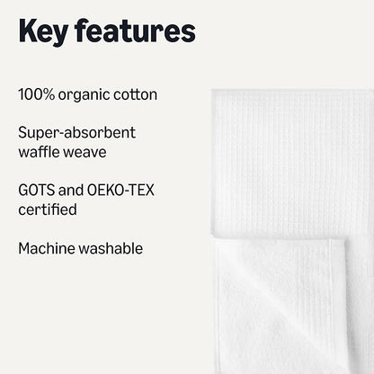 Amazon Basics Organic Cotton Waffle Kitchen Dish Towels - Ultra Absorbent, Quick Drying, Lint-Free, 15 x 25 inches, 6-Pack, White